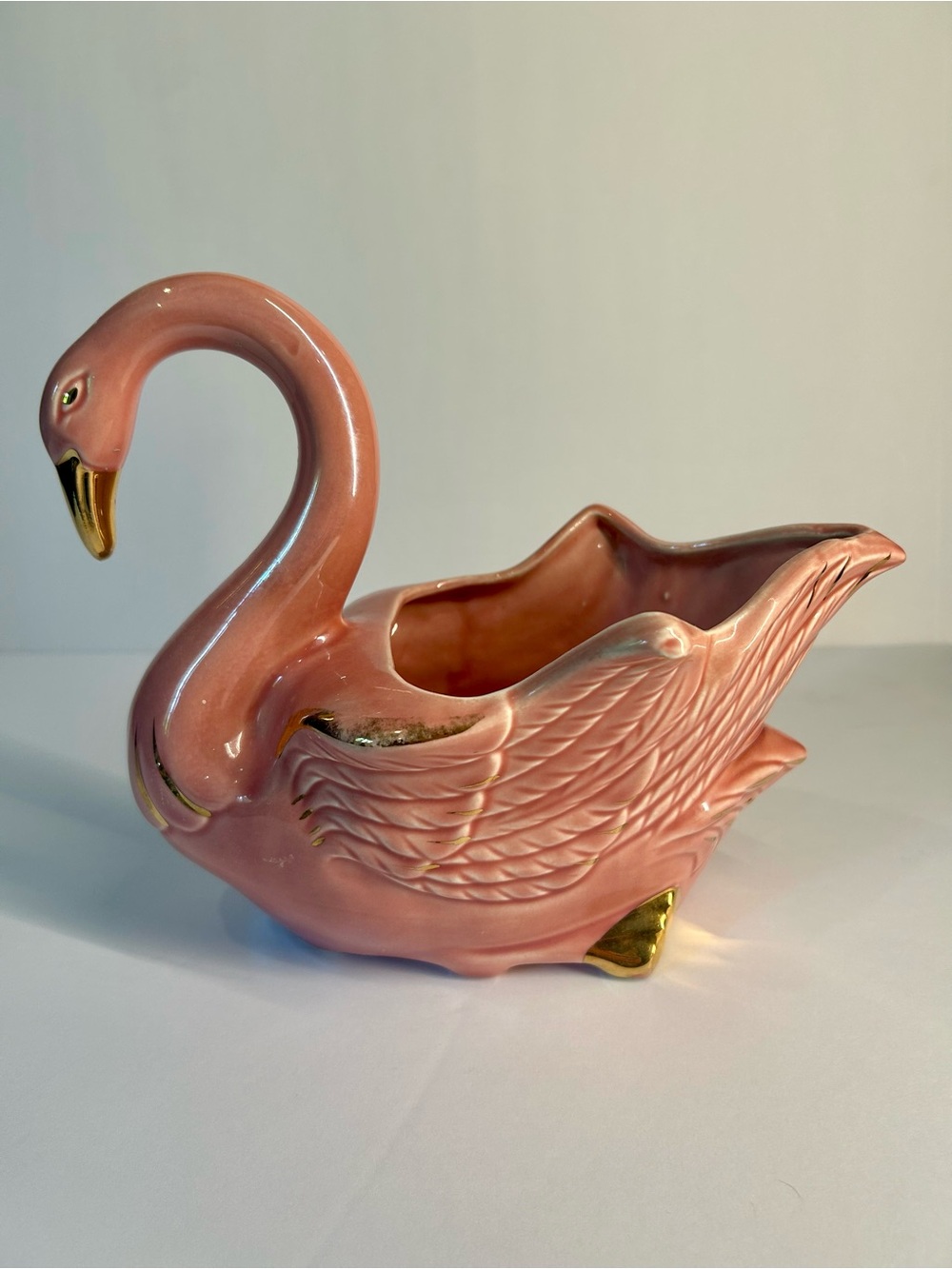 Vintage Pink Ceramic Swan Planter With Gold Accents MCM
